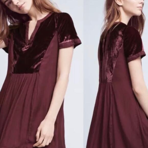 Anthropologie Maeve Burgundy Maroon Velvet Mini Dress Small Short Sleeve Casual - Picture 2 of 8